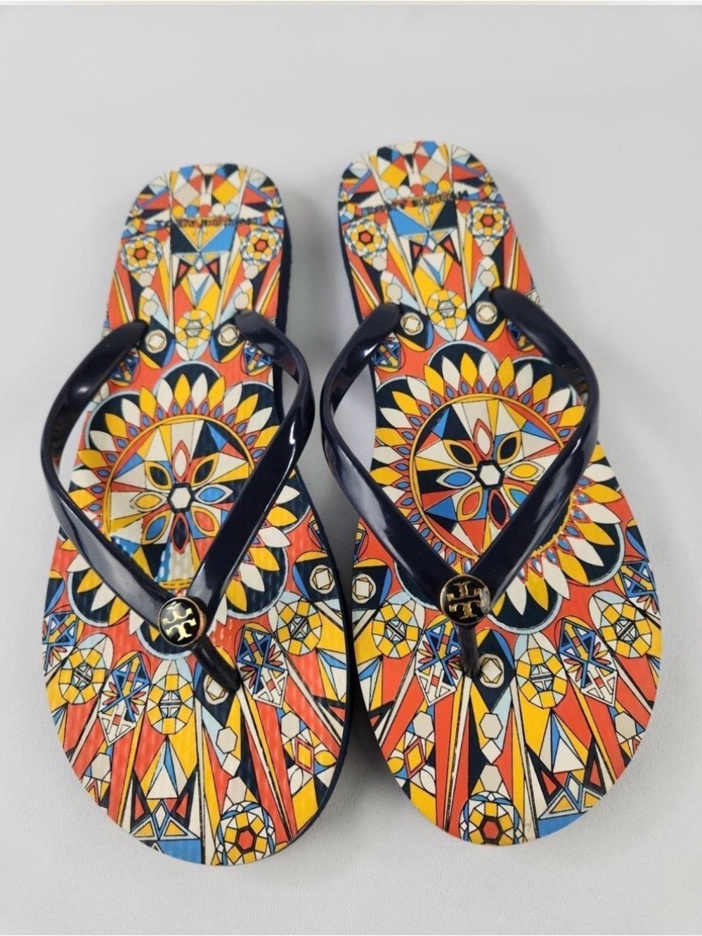 Tory Burch Navy Blue-Strap Mosaic Print Flip Flop Sandals